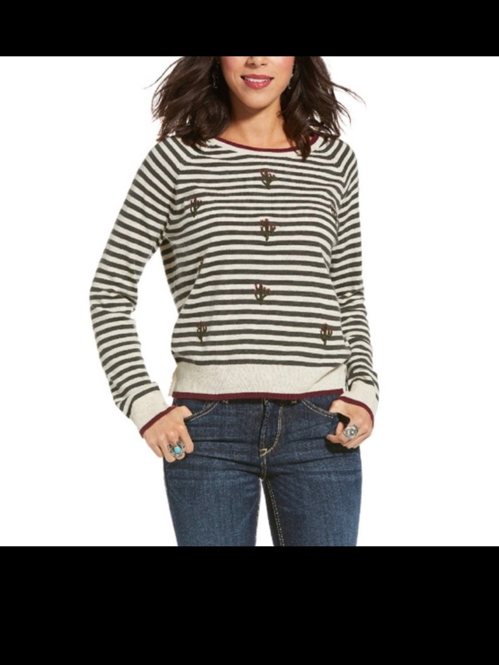ARIAT XL Striped Crewneck Sweater with Embroidered Accent in Black and Cream